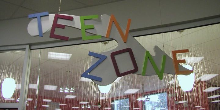 Teen Zone hanging banner at Waukesha Public Library