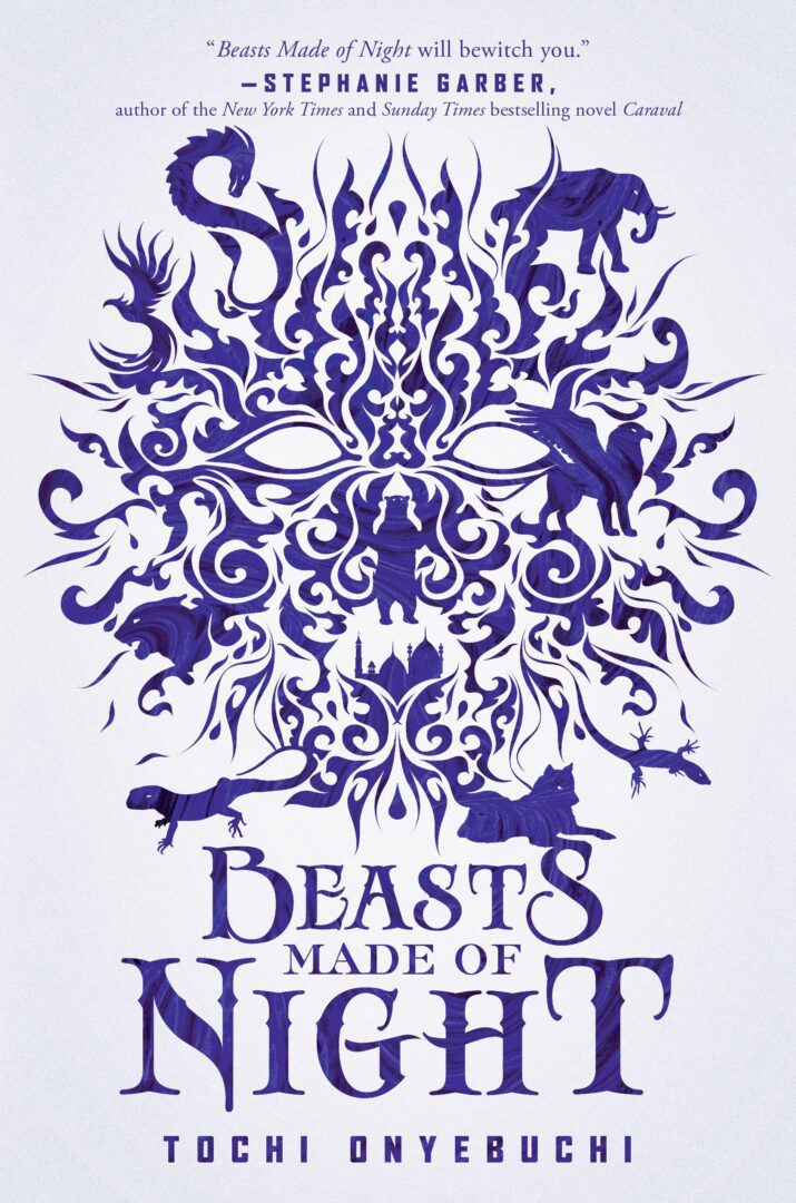 Blue floral design with animal silhouettes.