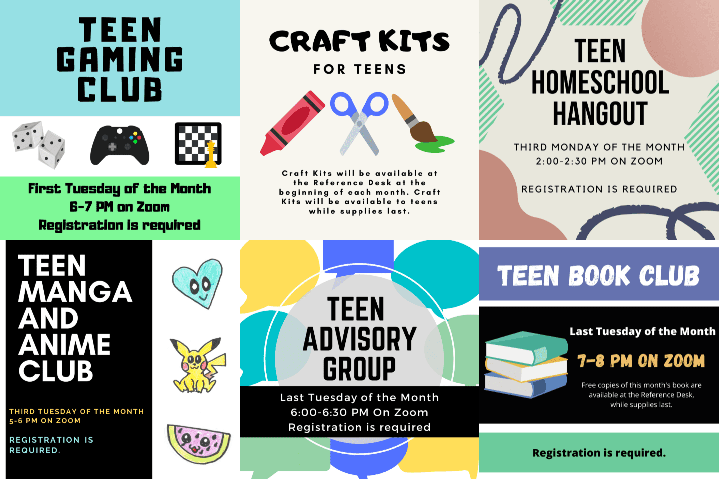 Teen club activities and registration info.