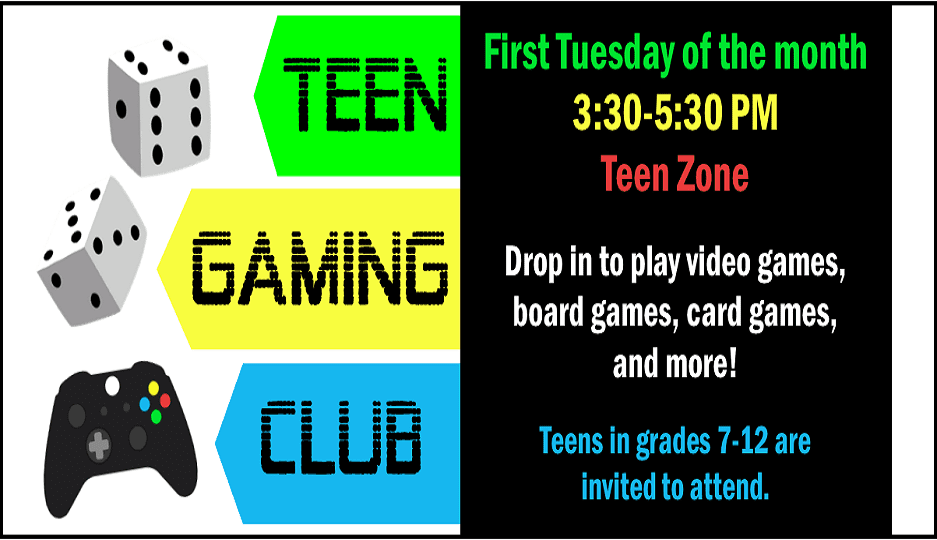 Teen gaming club flyer with dice and controller.