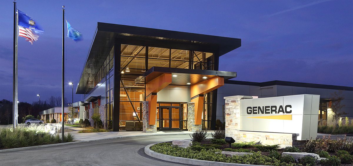 Generac headquarters building at dusk.