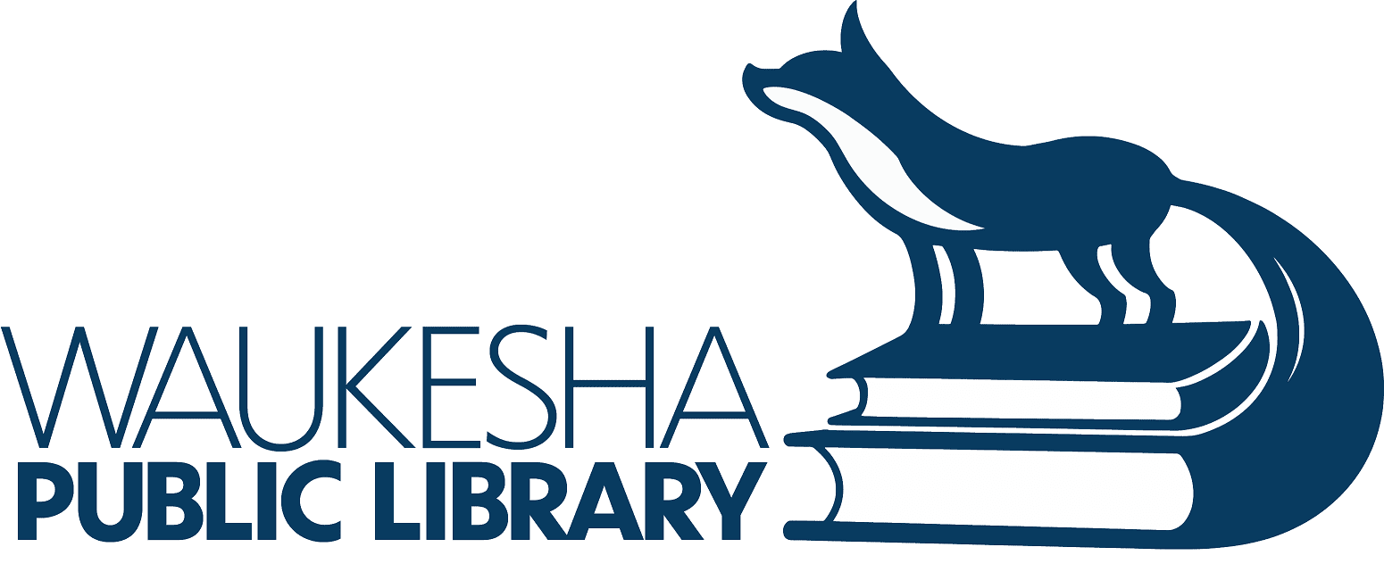 Waukesha Public Library logo with fox and books.