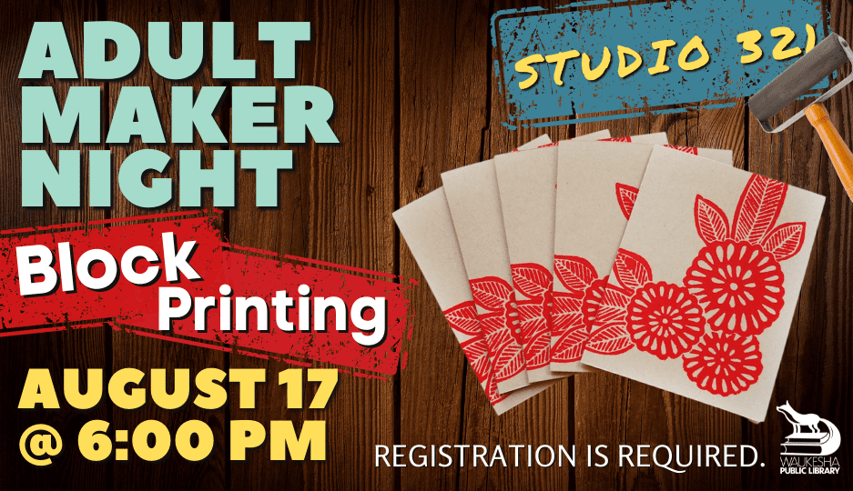 Adult block printing workshop on August 17th.