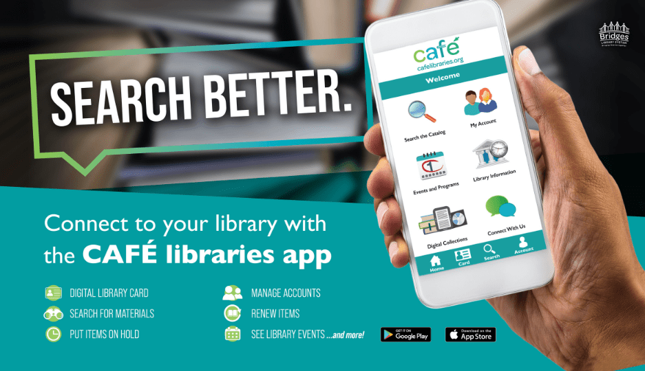 Hand holding phone with library app.