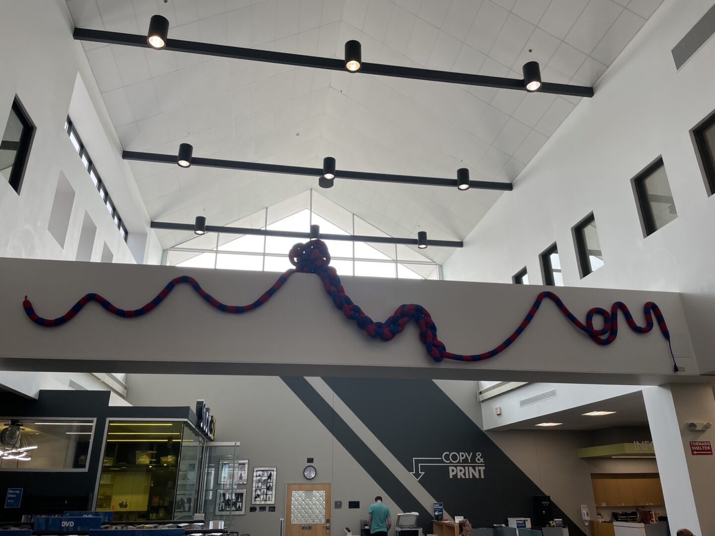 Red and blue rope sculpture in a library.