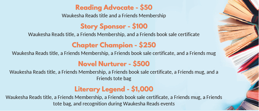 A list of sponsorship options for Waukesha Reads. Each sponsorship level includes a distinct list of benefits. All donors will be recognized in a print piece that will be distributed with the Waukesha Reads title. To be recognized in print, we must receive your donation by July 12, 2024.